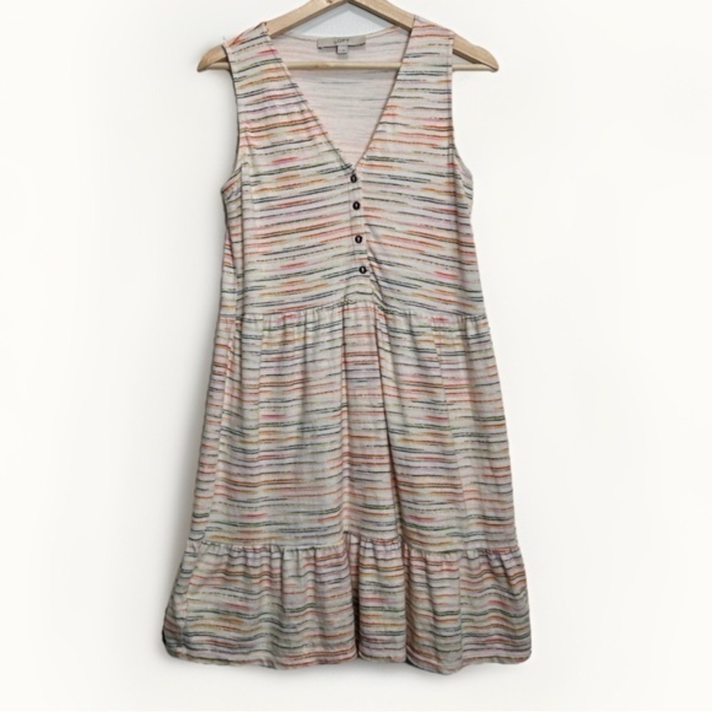 Loft Cotton Sleeveless Striped Button Front Midi Flounce Dress S Multicolor